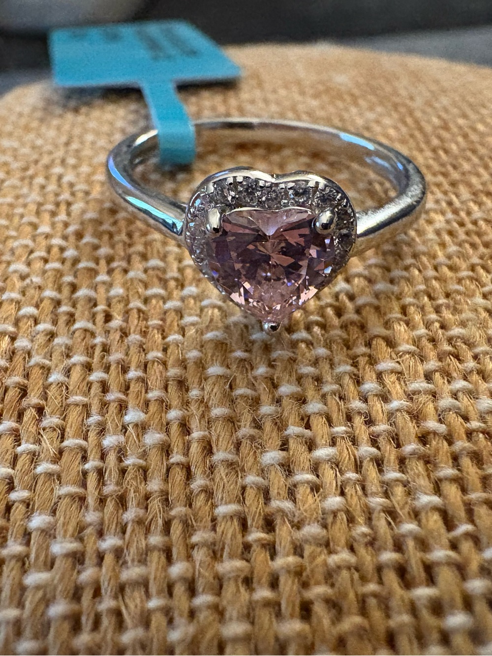 Solid Sterling Silver Heart Cut Pink Sapphire with CZ Halo Ring Size 6